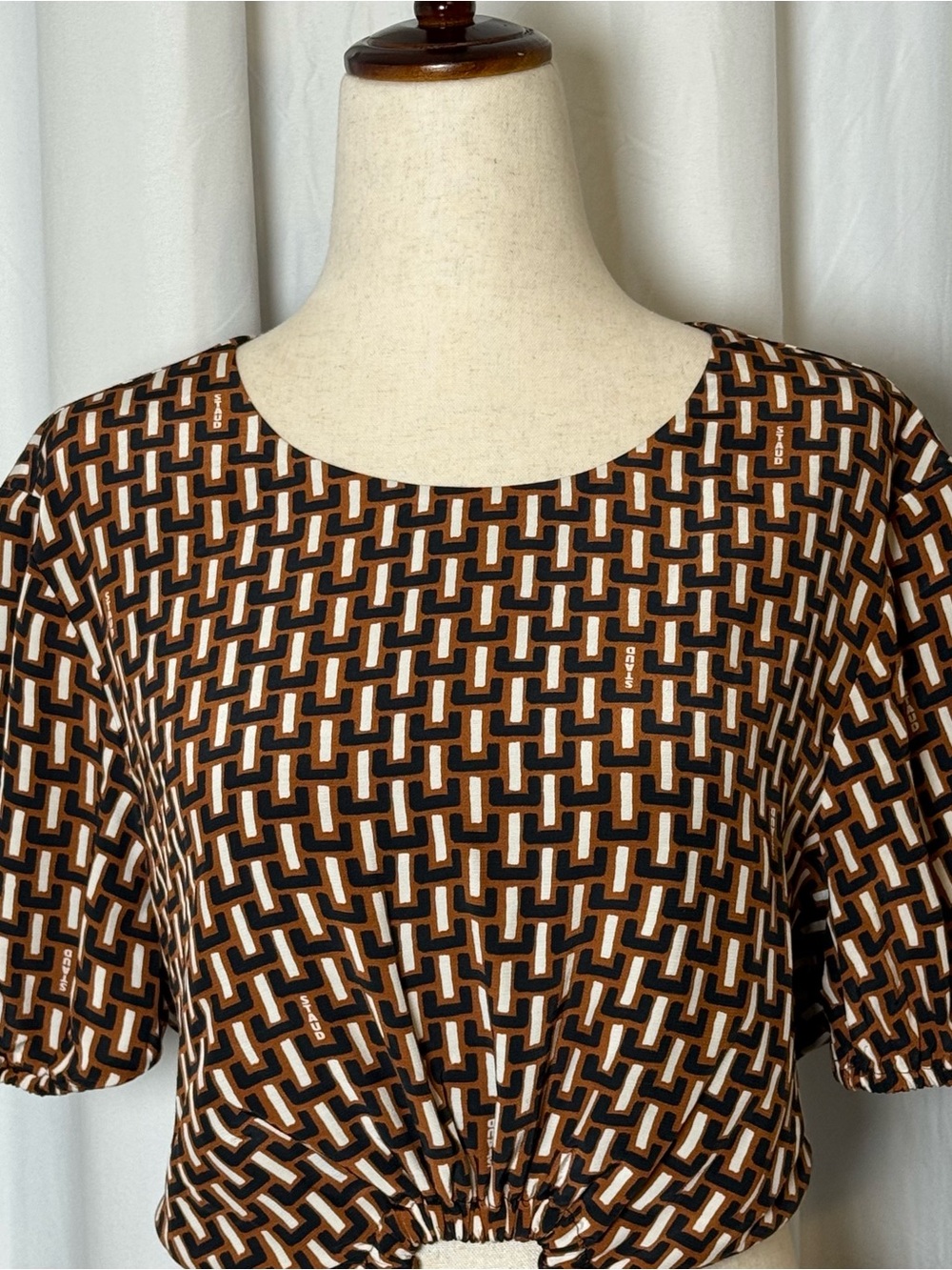 Staud Epona Mini Dress Medium NWT Basketweave Print Cutout Puff Sleeve Dress - Picture 5 of 16